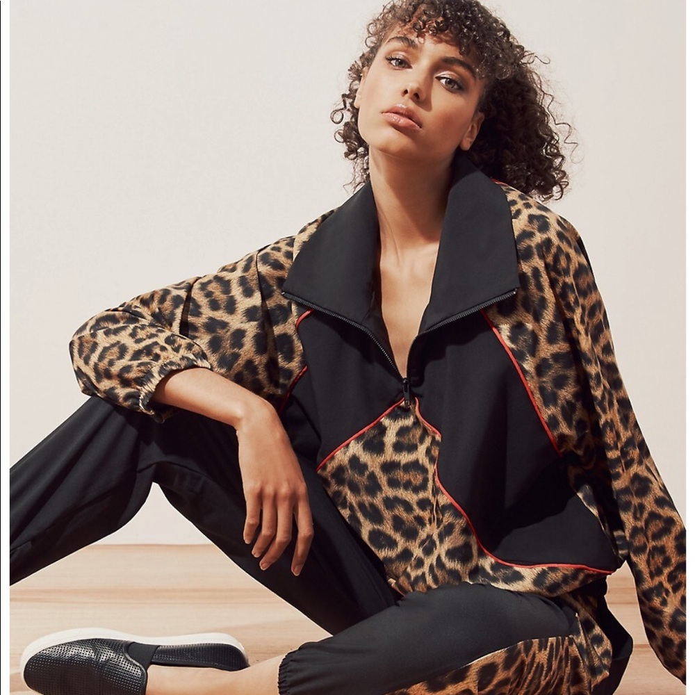 Terez Black and Leopard Zip-Front Pullover with Red Trim